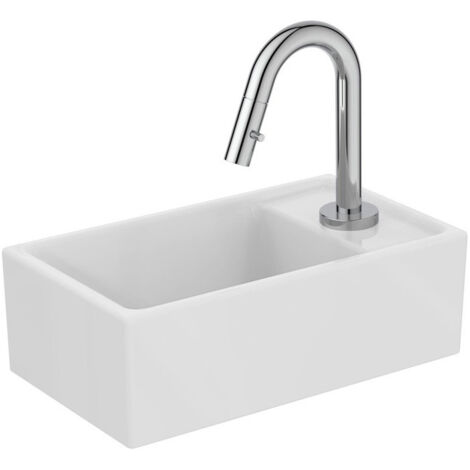 Pack lave-mains EUROVIT + / étagère IDEALSTREAM à droite, blanc et chrome avec robinetterie sur colonne IDEAL STANDARD