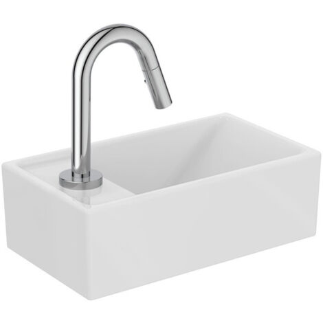 Pack lave-mains EUROVIT +, étagère IDEALSTREAM gauche blanc et chrome avec robinetterie IDEAL STANDARD