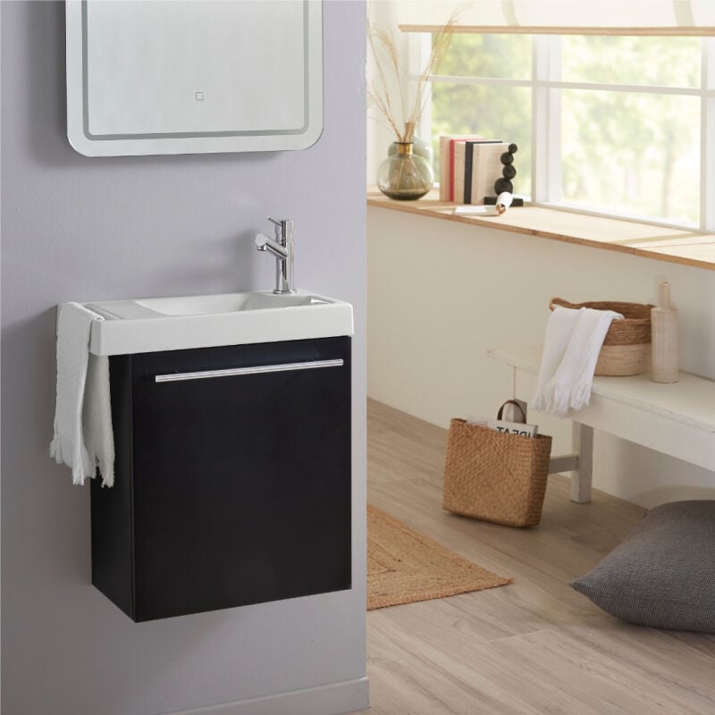 Pack lave-mains Noir Mat avec porte serviette - robinetterie eau froide à droite - L.48 x h. 52.5 cm - Houston 2