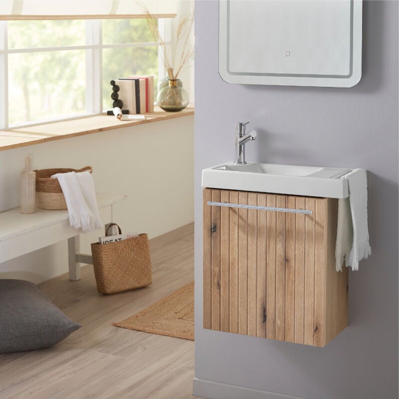 Pack lave-mains Bois Strié avec porte serviette - Mitigeur à gauche - L.48 x h. 52.5 cm - Houston