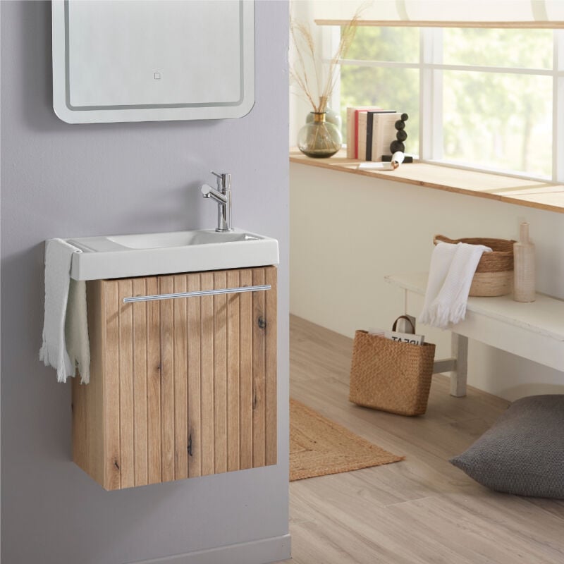 Pack lave-mains Bois Strié avec porte serviette - Robinetterie Eau froide à droite - L.48 x h. 52.5 cm - Houston