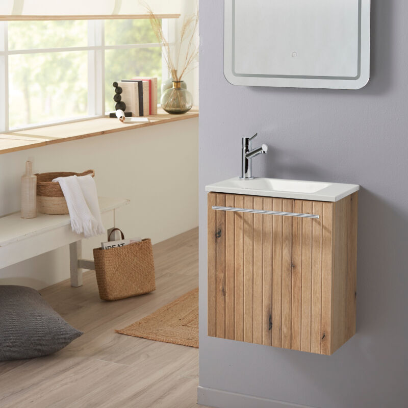 Pack lave-mains Bois Strié avec vasque design blanche - Robinetterie Eau froide à gauche - L.42.5 x h. 48.6 cm - Hanos