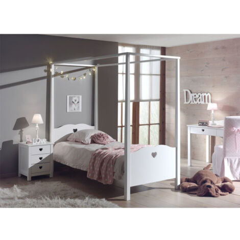 Pack - Lit à Baldaquin Enfant & Chevet "Amori" 90x200cm Blanc
