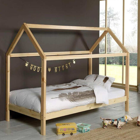 Pack - Lit Cabane Enfant & Matelas "Dallas" 90x200cm Naturel