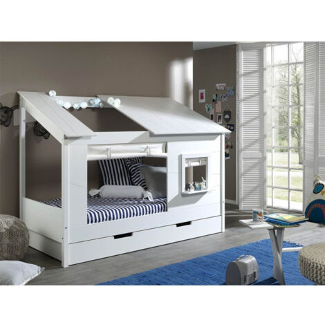 Pack - Lit Cabane Enfant, Rideaux & Tiroir "Housebed II" 90x200cm Blanc
