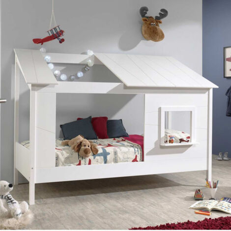 Pack - Lit Cabane Enfant, Sommier & Matelas "Housebed II" 90x200cm Blanc