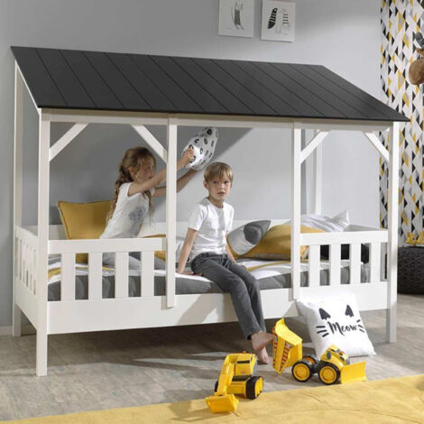 Pack - Lit Cabane Enfant, Sommier & Matelas "Housebed III" 90x200cm Blanc & Noir