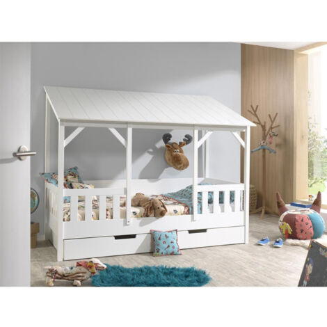 Pack - Lit Cabane Enfant & Tiroir "Housebed III" 90x200cm Blanc