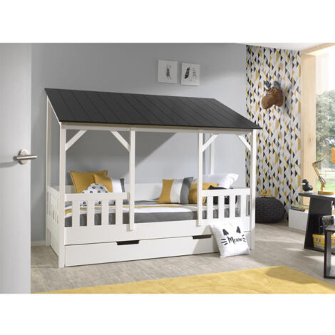 Pack - Lit Cabane Enfant & Tiroir "Housebed III" 90x200cm Blanc & Noir