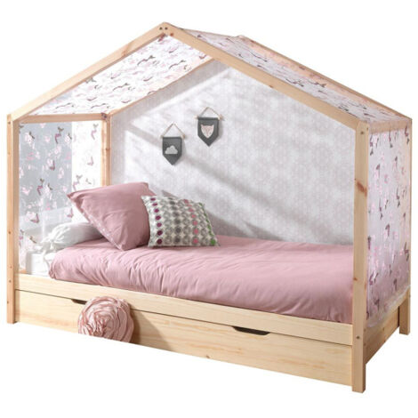 Pack Lit Cabane Enfant, Tiroir & Voile "Dallas II" 90x200cm Naturel
