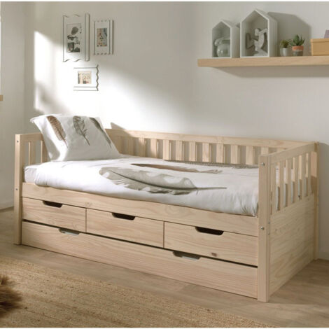 Pack - Lit Capitaine Enfant & Tiroir de Lit "Fritz" 90x200cm Naturel