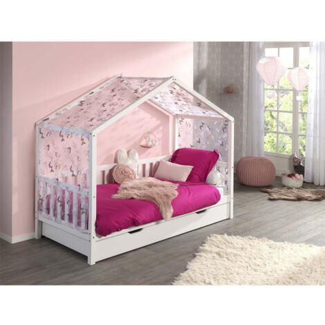 Pack - Lit Enfant, Barrière, Tiroir & Voile "Dallas II" 90x200cm Blanc
