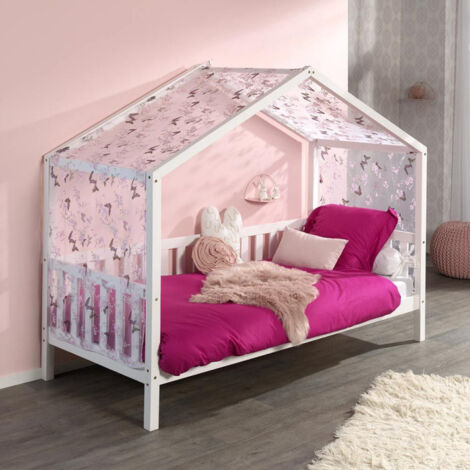 Pack - Lit Enfant Cabane, Barrière & Voile "Dallas II" 90x200cm Blanc