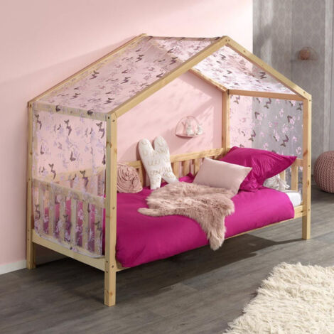 Pack - Lit Enfant Cabane, Barrière & Voile "Dallas II" 90x200cm Naturel