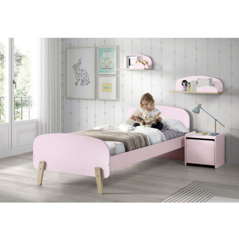 Pack - Lit Enfant, Chevet & 2 Étagères "Kiddy" 90x200cm Rose