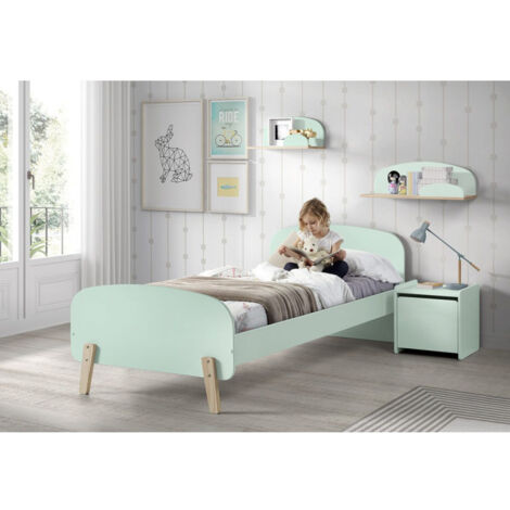 Pack - Lit Enfant, Chevet & 2 Étagères "Kiddy" 90x200cm Vert Menthe