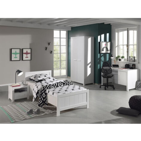 Pack - Lit Enfant, Chevet, Armoire & Bureau "Erik I" Blanc