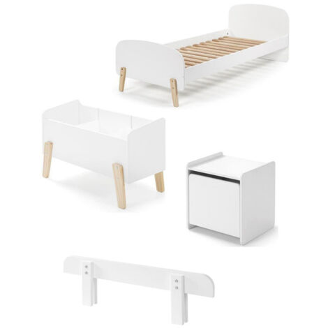 Pack - Lit Enfant, Chevet, Barrière & Coffre "Kiddy" 90x200cm Blanc