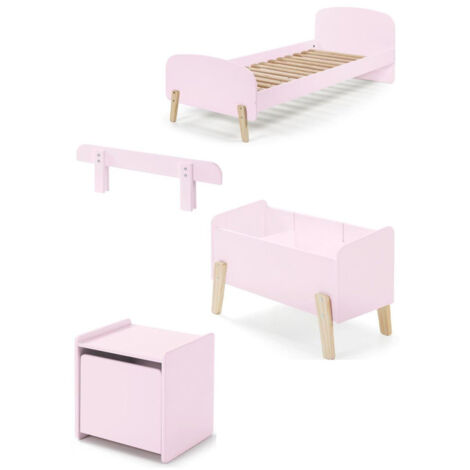 Pack - Lit Enfant, Chevet, Barrière & Coffre "Kiddy" 90x200cm Rose