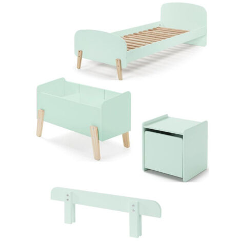 Pack - Lit Enfant, Chevet, Barrière & Coffre "Kiddy" 90x200cm Vert Menthe