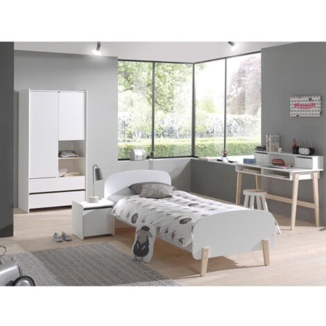 Pack - Lit Enfant, Chevet, Bureau & Armoire "Kiddy" Blanc