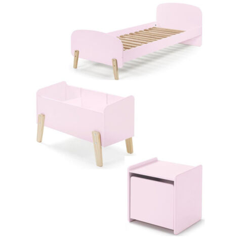 Pack - Lit Enfant, Chevet & Coffre "Kiddy" 90x200cm Rose