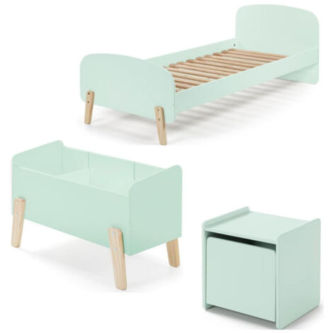 Pack - Lit Enfant, Chevet & Coffre "Kiddy" 90x200cm Vert Menthe