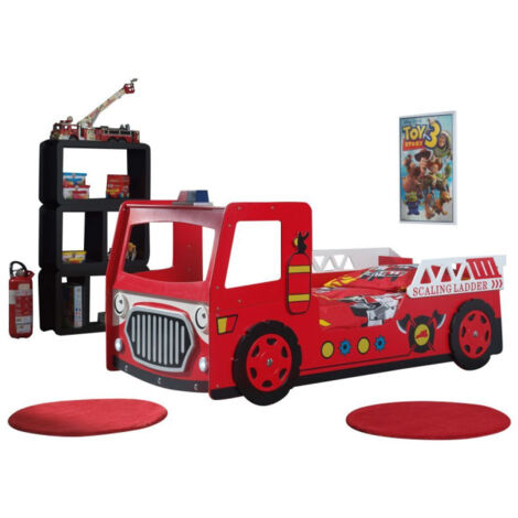 Pack - Lit Enfant & Matelas "Camion de Pompier" 90x200cm Rouge