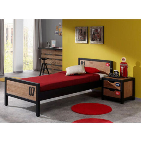 Pack - Lit Enfant, Sommier & Chevet "Alex" 90x200cm Marron & Noir