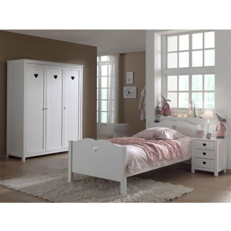 Pack - Lit Enfant, Sommier, Chevet & Armoire 3 Portes "Amori" 90x200cm Blanc
