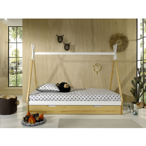 Pack - Lit Enfant & Tiroir "Tipi" 90x200cm Blanc & Naturel
