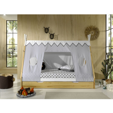 Pack - Lit Enfant, Tiroir & Voile "Tipi" 90x200cm Blanc & Naturel