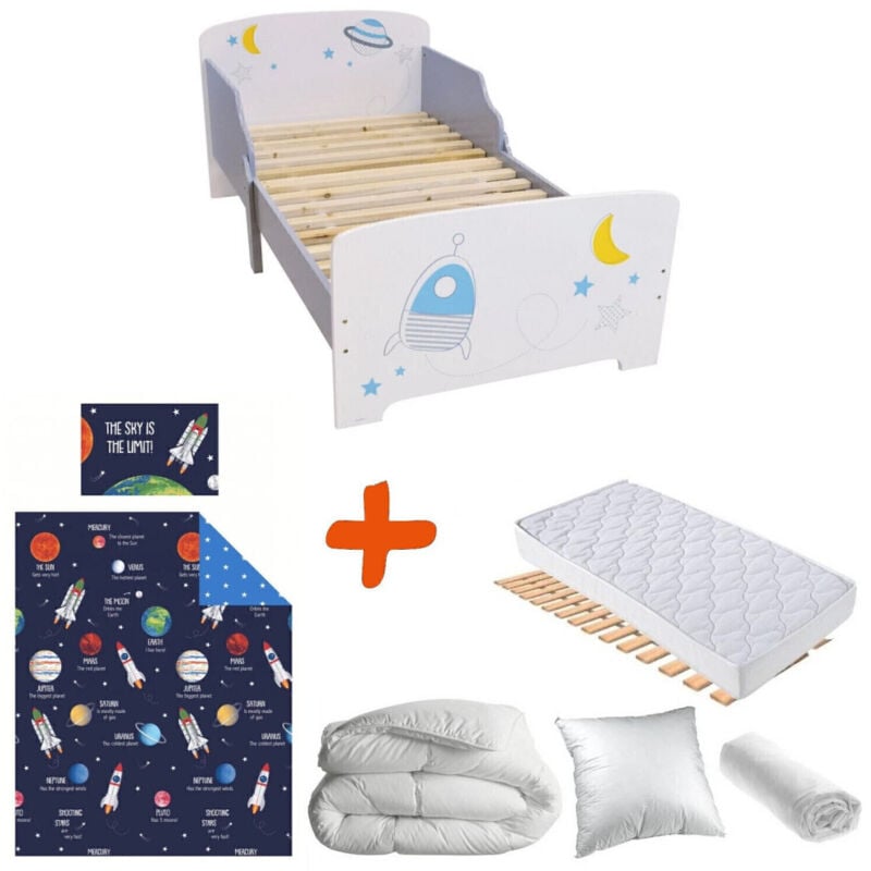 Bebegavroche - Pack Lit Espace et planètes avec Matelas et Textile complet - couchage 140x70 cm