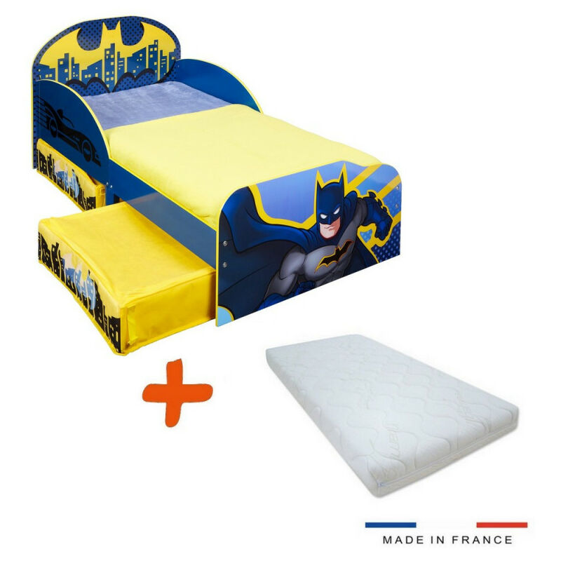 Pack Lit + Matelas Batman DCcomics = Lit + Sommier + Matelas + 1 tiroir de rangement - 70 cm x 140 cm - Bleu