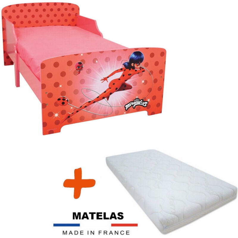 Bebegavroche - Pack Lit + Matelas Miraculous couleur rouge = Sommier + lattes + Matelas - 70x140 cm - Multicolor