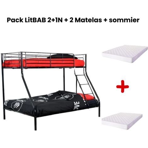 Pack: Lit superposé en métal sommier inclus + 2 Matelas 90/140x190 cm, 3 places Noir COSTO