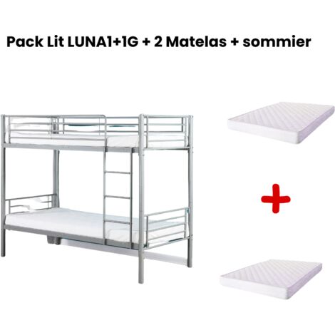 Pack : Lit superposé + Matelas compris Séparable métal LUNA 1+1 90x190 cm sommier inclus gris