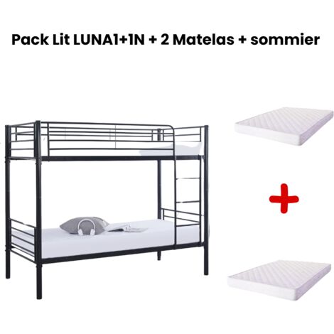 Pack : Lit superposé + Matelas compris Séparable métal LUNA 1+1 90x190 cm sommier inclus noir