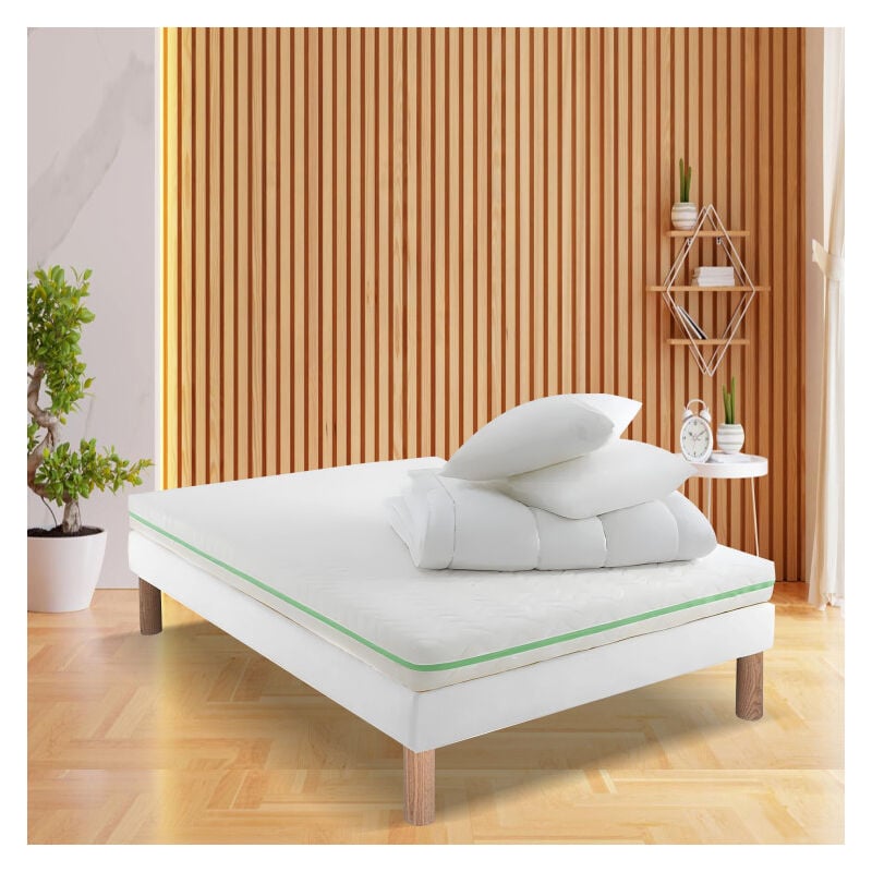 Pack literie compléte 140x190 : Matelas ressorts ensachés, Sommier, (Couette + Oreillers mémoire de forme + Parure offerte)