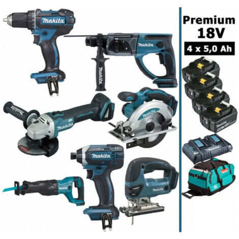 Pack Makita 7 machines 18V 5Ah: Perceuse DDF482 + DTD152 + DGA504 + DHR202 + DJR186 + DJV180 + DSS610 + 4 batteries + sac