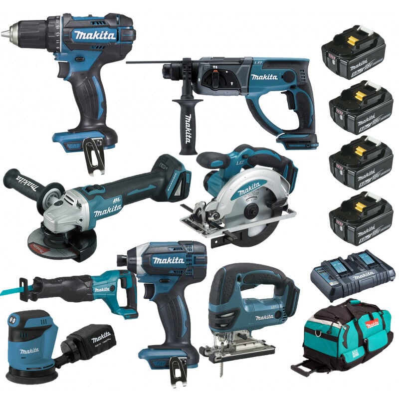 Makita - Pack 8 machines 18V 5Ah: DDF482 + DTD152 + DGA504 + DHR202 + DJR186 + DJV180 + DSS610 + DBO180 + 4 batteries + sac