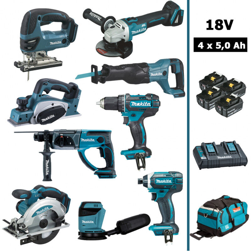 Pack Makita 9 machines 18V 5Ah: DDF482 + DTD152 + DGA504 + DHR202 + DJR186 + DJV180 + DSS610 +DBO180+DKP180+4 batteries+sac - vue 2