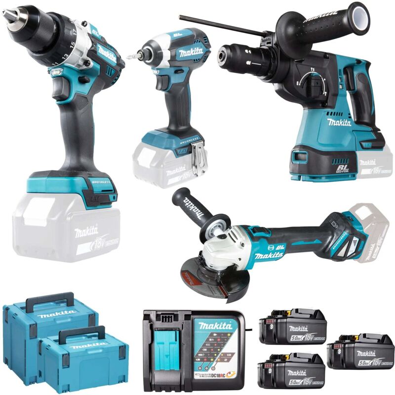 MAKITA Kit DLX4104TJ1 DHP481 + DHR243 + DTD153 + DGA513 + 3 x 5 0 Ah + DC18RC + MAKPAC 3 + MAKPAC 4 - vue 2