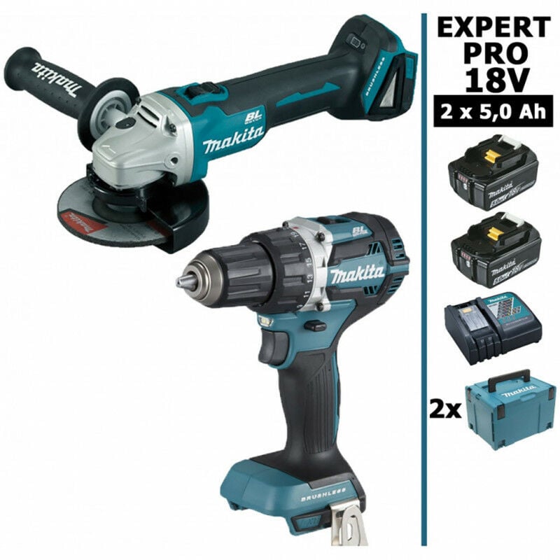 Makita - Pack expert pro bl Motor 18V 2 machines 2 batt 5Ah Perceuse DDF484 + Meuleuse DGA506 sans charbon avec Makpac