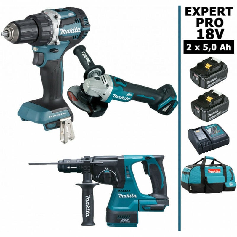 Makita - Pack expert pro bl Motor 18V 3 machines 2 batt 5Ah Perceuse DDF484 + DGA506 + DHR243 avec sac