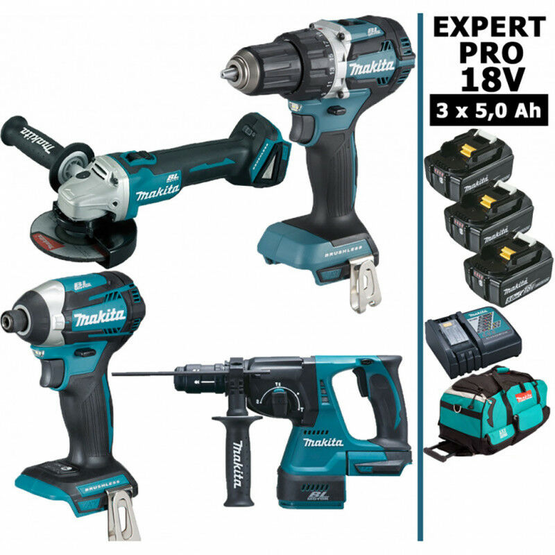 Makita - Pack expert pro bl Motor 18V 4 machines 3 batt 5Ah DDF484 DTD154 DGA506 DHR243 avec sac
