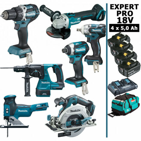 Pack Makita EXPERT PRO BL Motor 18V 7 machines 4 batt 5Ah DDF484 DTD154 DTW285 DGA506 DHR243 DHS680 DJV181 avec sac