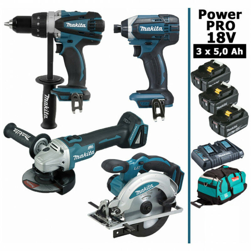Pack Makita Power PRO 18V: Perceuse 91Nm DDF458 + Meuleuse 125mm DGA504 + Visseuse à chocs 165Nm DTD152 + Scie circulaire 165mm - vue 2
