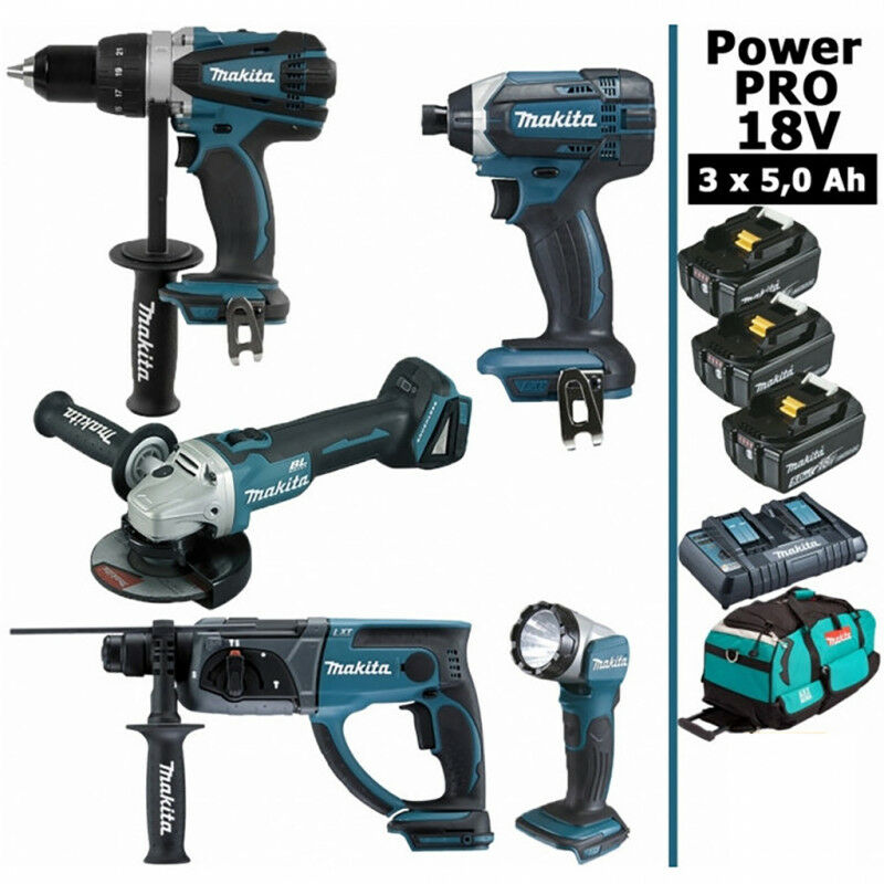 Makita - Pack Power pro 18V: DDF458 + DHR202 + DGA504 + DTD152 + Lampe Torche + 3 batt 5Ah + sac