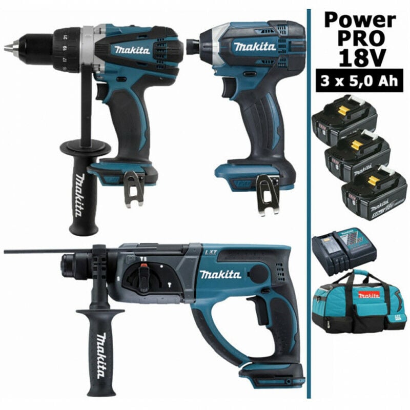 Makita - Pack Power pro 18V: Perceuse 91Nm DDF458 + Perfo 2J DHR202 + Visseuse à chocs 165Nm DTD152 + 3 batt 5Ah + sac